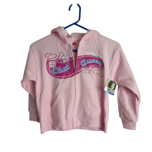 Hanes Size S 6 6X Hoodie Sweatshirt Girls Pink Chat Queen Glitter Lettering NEW - Picture 1 of 7